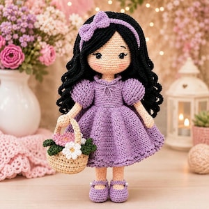 Crochet Doll Pattern PDF – Ruby Blossom Amigurumi Girl with Red Dress