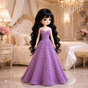 May include: A doll with long black hair and large eyes wearing a long, lavender crocheted dress with spaghetti straps. The doll is standing in a bedroom with a bed, nightstand, and chandelier.