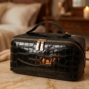 May include: A black, rectangular makeup bag with a crocodile skin texture. The bag has a gold zipper and handle. The bag is sitting on a marble surface, with lit candles in the background.