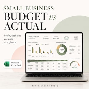 May include: A laptop screen displaying a Microsoft Excel 365 small business budget vs actual dashboard. The interface includes a bar chart, a pie chart, a summary table, and a gauge meter showing financial data with text labels in British pounds.