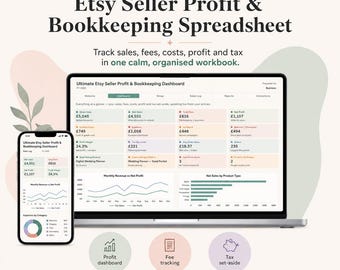 Tableau de bord de comptabilité pour vendeurs Etsy : ventes, frais, coûts, bénéfices et taxes
