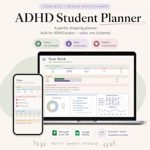 May include: A digital ADHD student planner for Excel and Google Sheets displayed on a laptop and smartphone. The interface features pastel-coloured sections for weekly tasks, habit tracking, energy levels, and progress charts with text labels.
