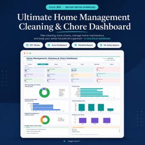 Home Management Dashboard Excel Template | Cleaning Schedule, Chore Tracker, Supplies Inventory & Maintenance Planner