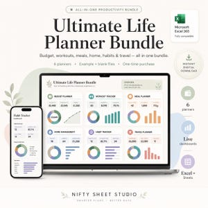 May include: An Ultimate Life Planner Bundle digital product displayed on a laptop and smartphone screen. The interface features dashboards for budget, workout, meal, home, habit, and travel tracking with colorful charts, graphs, and data summaries.