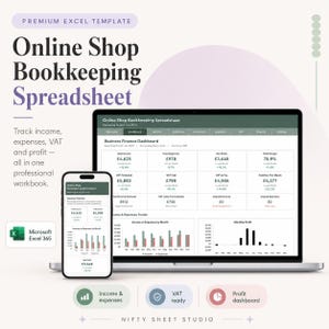 以下が含まれることがあります： Microsoft Excel 365用のオンラインショップ向けデジタル簿記スプレッドシートテンプレート。ノートパソコンとスマートフォンに表示されています。インターフェースには、収益、経費、付加価値税、利益のデータを含む財務ダッシュボードがプロフェッショナルなレイアウトで示されています。