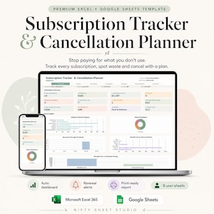 Hoja de cálculo de Excel para el seguimiento de suscripciones, planificador de renovaciones y cancelaciones (Microsoft Excel 365)