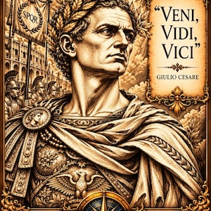 May include: A sepia-toned digital illustration of Julius Caesar wearing a laurel wreath and ornate armor. The image features a Roman legion with an SPQR banner, the text "VENI, VIDI, VICI" with "GIULIO CESARE," and a compass logo labeled "KRONOSCREATION 15x20 CM."
