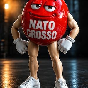 Può includere: Un personaggio rotondo di colore rosso lucido con un volto sorridente e occhi marroni, che riporta la scritta bianca NATO GROSSO sul davanti. La figura ha braccia muscolose, guanti bianchi, gambe nude e indossa scarpe da ginnastica bianche.