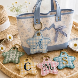 Custom Star Keychain – Personalized Initial Bag Charm, Embroidered Gingham Keyring, Gift for Kids & Teens