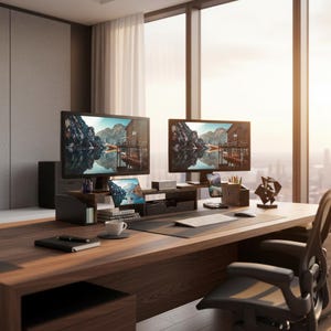 May include: A modern office desk setup with two computer monitors displaying a scenic landscape. The desk is made of dark wood and includes a keyboard, mouse, and a coffee cup. A black office chair is in the foreground.