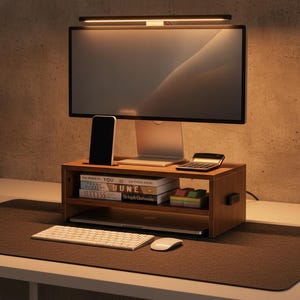 Walnut Monitor Stand Riser 2 Tier Desk Organizer Ergonomic Screen Shelf Computer Monitor Shelf with Cable Management