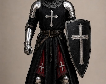 Armatura completa da cavaliere crociato nero realizzata a mano con scudo / Armatura templare medievale in acciaio / Costume per rievocazioni LARP / Set cosplay da cavaliere