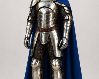 Armadura completa de caballero medieval con casco y capa azul, disfraz de LARP de acero hecho a mano, disfraz de Halloween para cosplay, recreación histórica y exhibición.