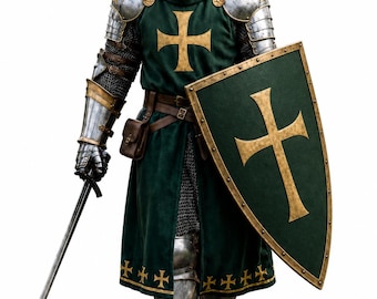 Medieval Crusader Knight Armor Costume |Halloween Warrior Outfit with Shield | LARP Renaissance Armor | Fantasy Knight Cosplay