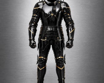 Armatura completa da cavaliere nero gotico – Armatura medievale gotica in piastre d'acciaio con elmo per LARP, costume di Halloween per cosplay e rievocazioni storiche