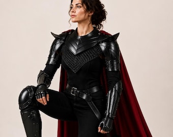 Disfraz de armadura de caballero negro para mujer con capa roja / Traje de cosplay de fantasía medieval