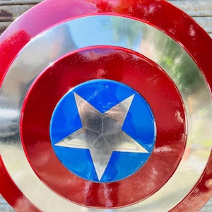 Pu&ograve; includere: Uno scudo rotondo con una combinazione di colori rosso, argento e blu. Lo scudo presenta cerchi concentrici rossi e argentati, con un centro blu contenente una stella argentata. &Egrave; probabilmente un oggetto di scena o da collezione.