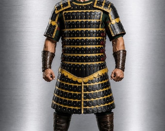 Disfraz de armadura medieval laminar negra y dorada – Armadura de guerrero con correas de cuero / LARP, cosplay, feria renacentista, disfraz de caballero