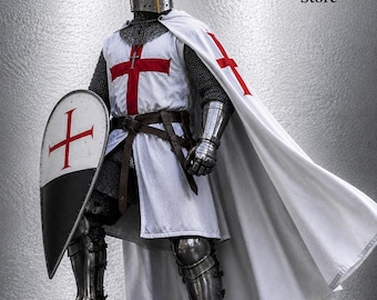 Armadura de caballero templario medieval hecha a mano con escudo y capa de cruzado blanco – Disfraz completo de acero para recreación histórica LARP