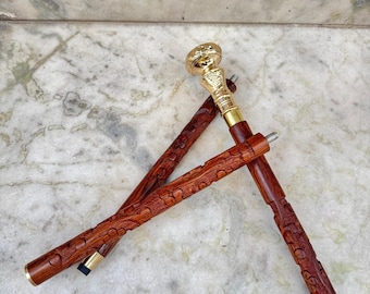 Hand Carved Wooden Walking Cane with Brass Derby Handle | Handmade Wooden Walking Stick | Vintage Mobility Cane Gift