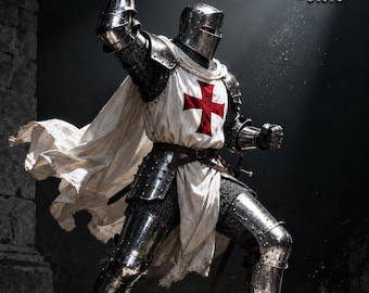 Armatura completa da cavaliere templare medievale realizzata a mano – Armatura da crociato in acciaio con elmo, sopravveste e mantello / Costume cosplay LARP di Halloween