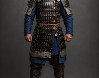 Medieval Lamellar Armor with Blue Gambeson | Handmade Steel Warrior Armor | LARP Costume | Viking Knight Reenactment Armor | Cosplay Costume