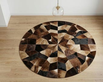 Handmade Round Cowhide Patchwork Rug – Luxury Geometric Leather Area Rug in Brown, Beige & Black | Modern Statement Floor Décor
