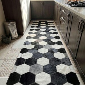 Luxury Black, White & Grey Hexagon Cowhide Patchwork Runner Rug – Handmade Modern Geometric Area Rug for Kitchen, Hallway  Entryway