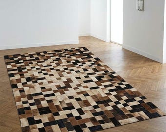 Luxury Geometric Patchwork Cowhide Area Rug – Modern Brown, Beige & Black Leather Carpet for Living Room, Bedroom  Office Decor