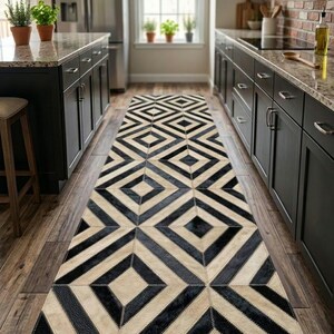 Luxury Black & Ivory Geometric Cowhide Patchwork Runner Rug – Handmade Modern Leather Area Rug for Kitchen, Hallway  Entryway
