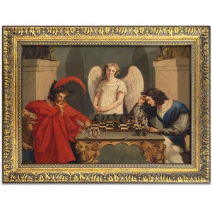 May include: A framed print of a painting depicting a chess game between two figures, with an angel observing. The figures are dressed in historical attire, and the ornate frame is gold-colored.