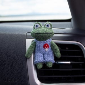 Frog  in Dusty Blue Dungarees Car Vent Clip, Needle Felted Wool Air Freshener, Cottagecore Dashboard Buddy Handmade in UK