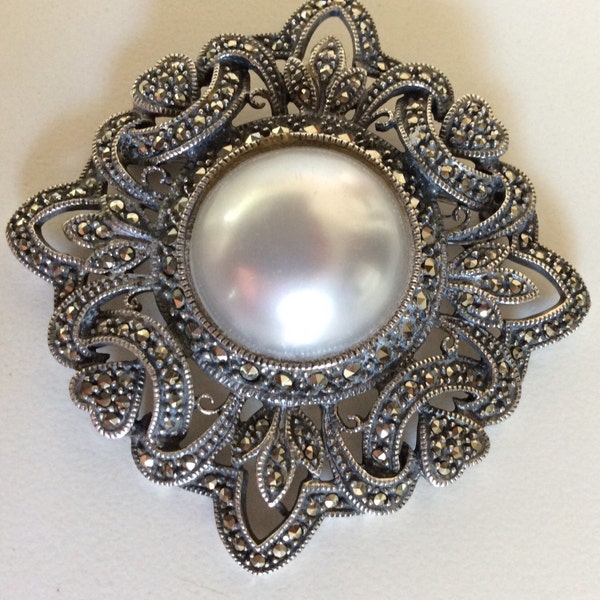 Sold to IRINA do not purchase JUDITH JACK Large Brooch Sterling Silver Marcasite faux Pearl