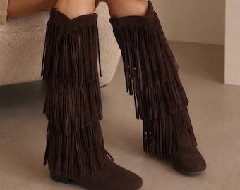 Women’s Fringe Boots Brown Suede Western Boots Boho Style Knee High Boots Flat Heel Faux Fur Lined Vintage Festival Shoes Fall Footwear