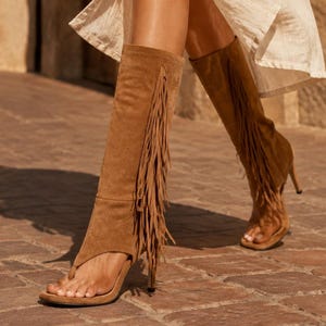 Brown Fringe Peep Toe Boots, Boho High Heel Mid Calf Sandal Boots, Festival Tassel Shoes, Women's Summer Statement Fabric Footwear
