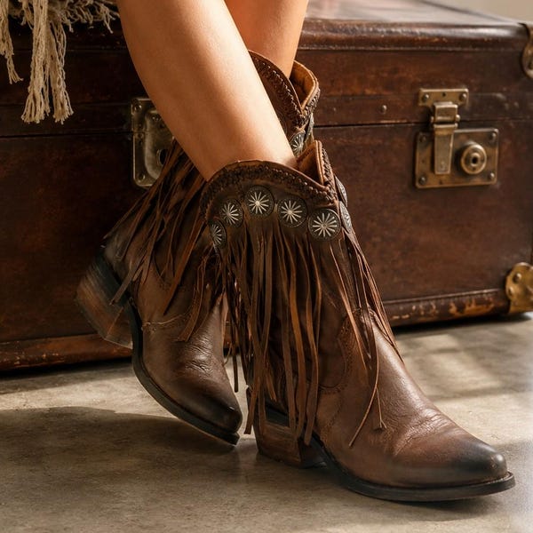 Bruine enkellaarsjes met franjes voor dames, western cowgirl laarsjes, spitse schoenen met concho-studs, retro boho festival microfiber laarzen met middelhoge hak