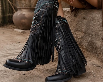 Botas vaqueras negras con flecos para mujer, botas de cuero estilo western, botas vaqueras bohemias, botas turquesas con tachuelas hasta la pantorrilla, zapatos de moda western vintage.