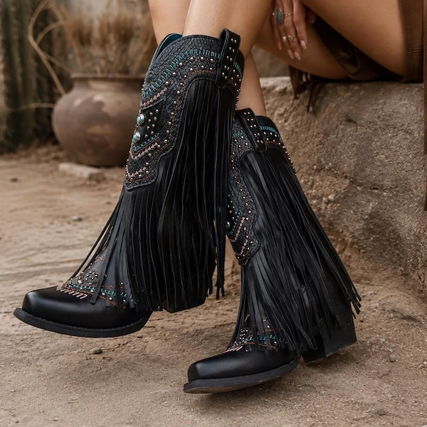 Bottes de cowboy noires à franges pour femmes, bottes western en cuir, bottes de cowgirl bohèmes, bottes mi-mollet turquoise cloutées, chaussures western vintage