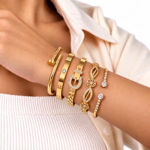 Gold Bracelet Stack for Women, 5-Piece 18K PVD Gold-Coated Stainless Steel Bangle Set