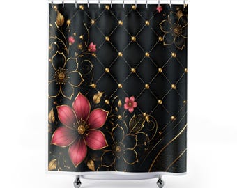 Cortina de ducha acolchada con estampado floral rosa / Negro Oro Luxe