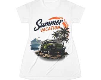 Vestido camiseta de verano con estampado de Jeep en la playa / Palmeras, escena oceánica
