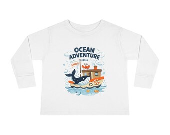 Camiseta de manga larga para niños pequeños con diseño de barco ballenero y aventura oceánica / Diseño Catch Some Waves