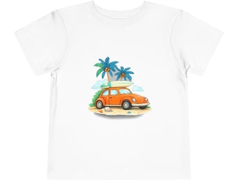 Camiseta infantil vintage con estampado de insectos surferos / Coche de playa, palmeras, tabla de surf