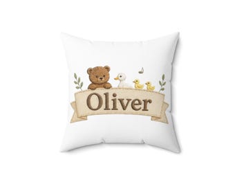Cojín cuadrado con nombre de osito de peluche y pato / Decoración personalizada para la habitación del bebé