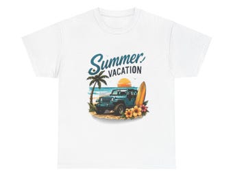 Camiseta de verano con estampado de Jeep y tabla de surf al atardecer entre palmeras - Camiseta para viaje a la playa