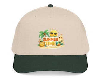Gorra de béisbol de perfil medio con escena veraniega de playa soleada / Palmera, gafas de sol, castillo de arena