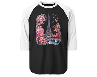 Camiseta raglán con la Torre Eiffel y flores rosas / Camiseta de béisbol con estampado floral de París