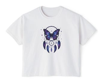 Camiseta holgada para mujer con estampado "Galaxy Butterfly Dreamcatcher" / "Be Your Own Hero" en la espalda