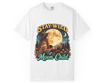 Camiseta Stay Wild Moon Child / Camiseta con estampado de luna, búho y montañas