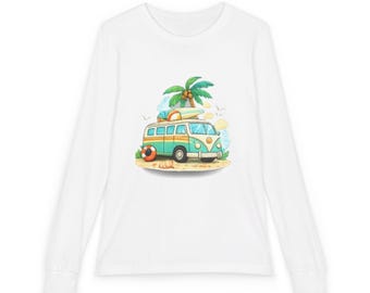 Camiseta juvenil de manga larga con estampado retro de furgoneta de surf y escena playera / Palmera, puesta de sol